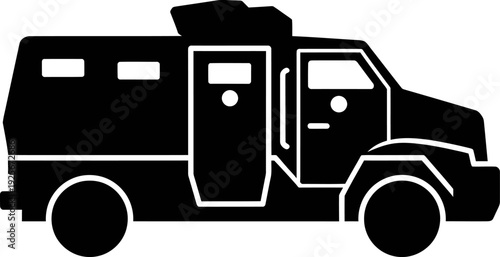 Black and white paddy wagon with open door police van