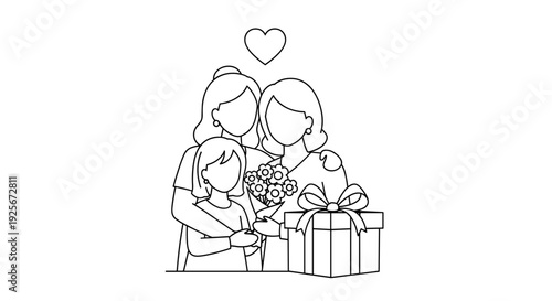 A tender black and white line art illustration shows two mothers embracing a child who holds a bouquet, with a gift box and heart nearby.