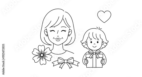 A heartwarming black and white line art illustration depicts a smiling mother next to her daughter holding a wrapped gift, surrounded by festive elements.