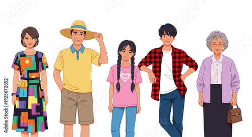 A diverse family group featuring multiple generations stands together, showcasing cultural and age variations in a friendly illustration.