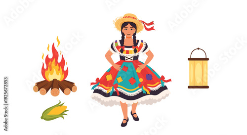 A festive illustration capturing a woman in a traditional Brazilian Festa Junina dress, surrounded by a campfire, fresh corn, and a charming lantern, evoking celebration.