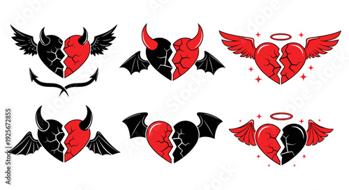 A set of six heart designs with devil and angel wings in red and black colors, symbolizing love and duality in a minimalist vector graphic style.