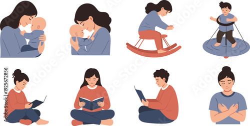 Illustrations of people engaging in various emotional and leisure activities