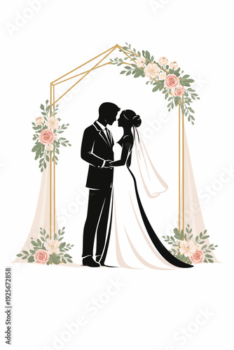 Romantic wedding couple silhouette under floral arch on their special day
