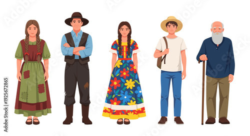 A diverse group of five individuals across different generations, showcasing a mix of traditional and modern attire, representing a vibrant, inclusive community.