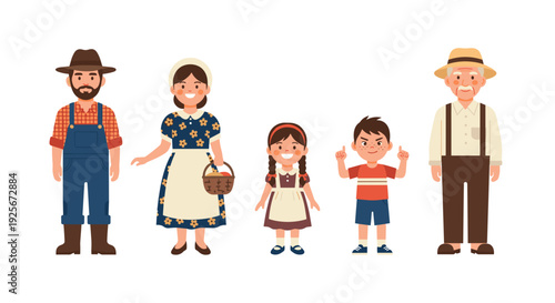 A vibrant illustration of a multi-generational farming family, including parents, children, and grandparents, proudly standing together, representing rural community life.