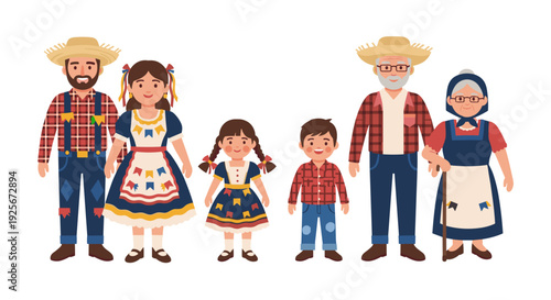 A cheerful illustration of a multi-generational family in festive traditional folk attire, featuring parents, children, and grandparents, celebrating cultural heritage together.