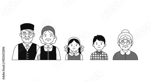 A black and white line art illustration of a multi-generational family group featuring an older man, two older women, a young girl, and a young boy in traditional outfits.
