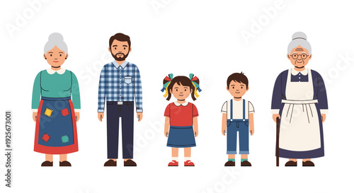 A warm multi-generational family portrait featuring a diverse group of individuals, including grandparents, a father, and two children, standing together cheerfully on a clean background.