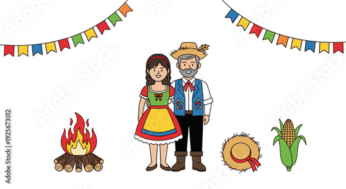 A festive illustration featuring a happy couple in traditional Brazilian farmer attire, standing near a warm bonfire, surrounded by colorful banners, a straw hat, and fresh corn.