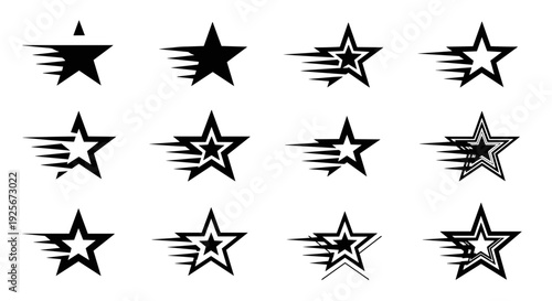 A set of black and white starburst icons in various styles and designs, perfect for use as graphic elements or symbols.