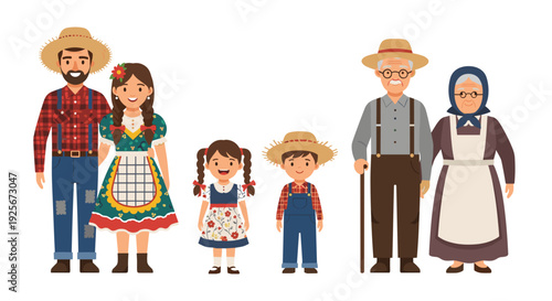A joyful multi-generational Brazilian family dressed in traditional Festa Junina farmer attire, standing together happily on a clean white background.