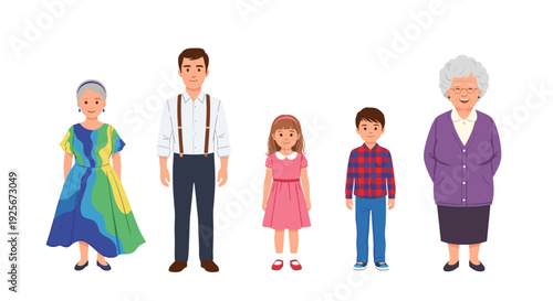 A diverse and multi-generational family portrait, showcasing individuals of various ages dressed in a mix of modern and traditional clothing styles, standing together harmoniously.