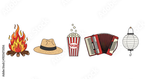 A vibrant collection of traditional Brazilian Festa Junina elements, including a crackling bonfire, a classic fedora, a box of popcorn, a rustic accordion, and a delicate paper lantern.