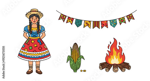 A joyful woman in traditional dress celebrates a rural festival with colorful flags, a cozy bonfire, and a fresh ear of corn.