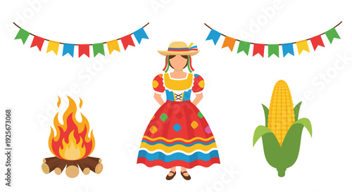 A festive arrangement of traditional Festa Junina celebration elements, featuring decorative banners, a woman in a colorful folk dress, a warming bonfire, and a ripe ear of corn.