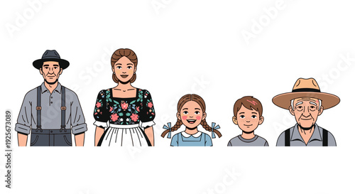 A charming group of five full-body cartoon characters, adorned in traditional European folk attire, standing together proudly against a clean white background, celebrating heritage and family.