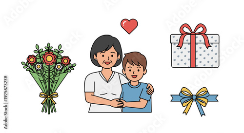 A happy mother lovingly embraces her son, both smiling, with a colorful bouquet, a red heart, a gift box, and a bow.
