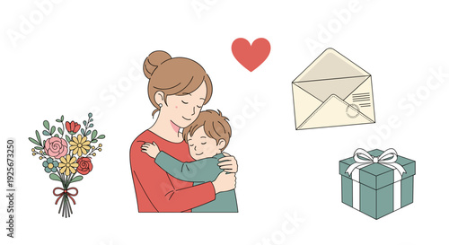 A loving mother gently hugs her child, surrounded by a beautiful floral bouquet, a red heart, a gift box, and a letter.
