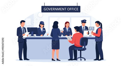 Modern vector illustration of government public service officers assisting citizens at service counter inside municipal office representing civic support, administration and community care