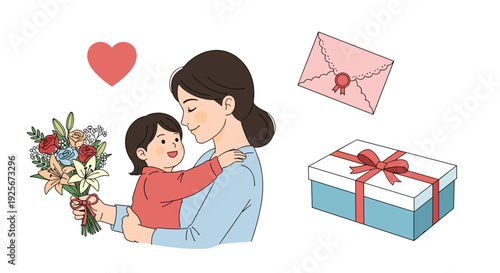 A heartwarming illustration of a mother affectionately holding her daughter, surrounded by a vibrant floral bouquet, a festive gift box, a pink envelope, and a loving red heart.