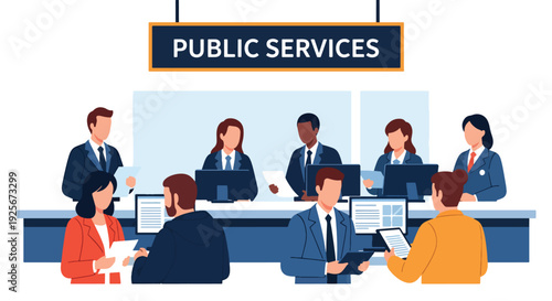 Modern vector illustration of government public service officers assisting citizens at service counter inside municipal office representing civic support, administration and community care