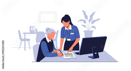 Modern vector illustration of public service staff helping elderly citizen complete official forms inside government office representing accessibility, inclusion and community support service