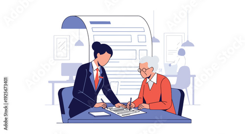 Modern vector illustration of public service staff helping elderly citizen complete official forms inside government office representing accessibility, inclusion and community support service