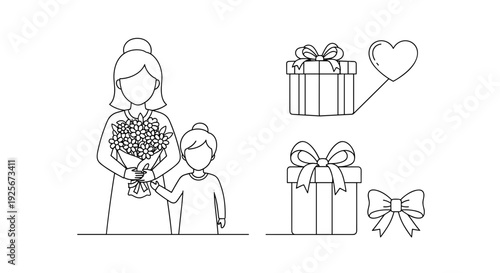 A minimalist line art illustration shows a mother and daughter sharing a moment with flowers, surrounded by gifts, a decorative bow, and a heart balloon.