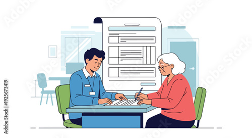 Modern vector illustration of public service staff helping elderly citizen complete official forms inside government office representing accessibility, inclusion and community support service