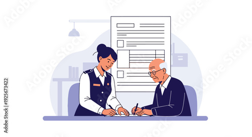 Modern vector illustration of public service staff helping elderly citizen complete official forms inside government office representing accessibility, inclusion and community support service