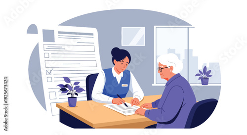 Modern vector illustration of public service staff helping elderly citizen complete official forms inside government office representing accessibility, inclusion and community support service