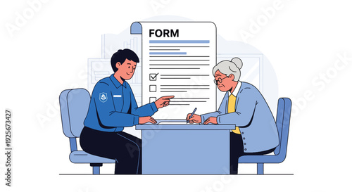 Modern vector illustration of public service staff helping elderly citizen complete official forms inside government office representing accessibility, inclusion and community support service