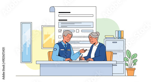 Modern vector illustration of public service staff helping elderly citizen complete official forms inside government office representing accessibility, inclusion and community support service