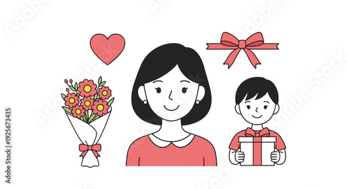 A cheerful mother and her son are surrounded by symbols of love and appreciation, including a bouquet of flowers and a neatly wrapped gift, creating a heartwarming scene.