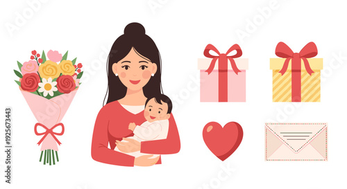 A mother holds her baby, with a flower bouquet, two gifts, a red heart, and an envelope, symbolizing new life.