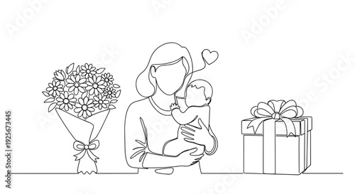 Black and white line art depicts a mother holding her baby, next to a flower bouquet and thoughtful gift box.
