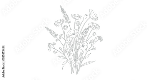 Hand drawn outline of a beautiful bouquet featuring daisies poppies and delicate forget me nots suitable for coloring pages or elegant botanical designs.