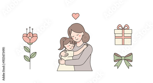 A loving mother embraces her daughter, with a blooming flower, gift box, bow, and a floating heart, illustrating pure affection.