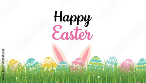 Easter bunny ears behind colorful eggs in grass Happy Easter