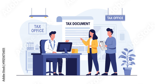 Modern vector illustration of tax office workers assisting citizens with tax reporting and payment representing financial administration, civic responsibility and government service