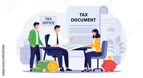 Modern vector illustration of tax office workers assisting citizens with tax reporting and payment representing financial administration, civic responsibility and government service