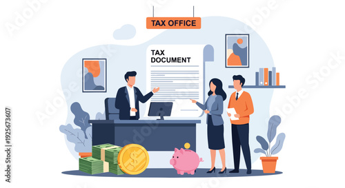 Modern vector illustration of tax office workers assisting citizens with tax reporting and payment representing financial administration, civic responsibility and government service