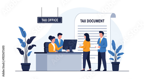 Modern vector illustration of tax office workers assisting citizens with tax reporting and payment representing financial administration, civic responsibility and government service