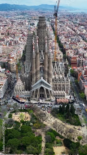 Sagrada Familia Church At Barcelona In Catalonia Spain. Gothic Church Scenery. Downtown Cityscape. Barcelona At Catalonia Spain. Cultural Heritage Skyline. Basilica Construction.