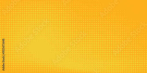 Yellow halftone pattern. Retro comic gradient background. Bright orange pixelated dotted texture overlay. Cartoon pop art faded gradient pattern.