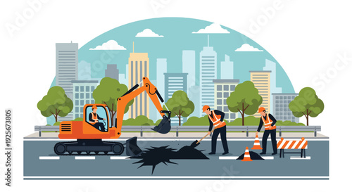 Modern vector illustration of public works department repairing road and infrastructure representing maintenance, development and essential government service