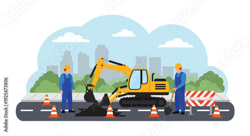 Modern vector illustration of public works department repairing road and infrastructure representing maintenance, development and essential government service