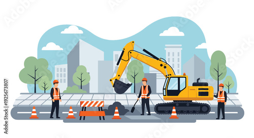 Modern vector illustration of public works department repairing road and infrastructure representing maintenance, development and essential government service