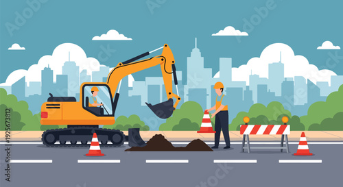 Modern vector illustration of public works department repairing road and infrastructure representing maintenance, development and essential government service